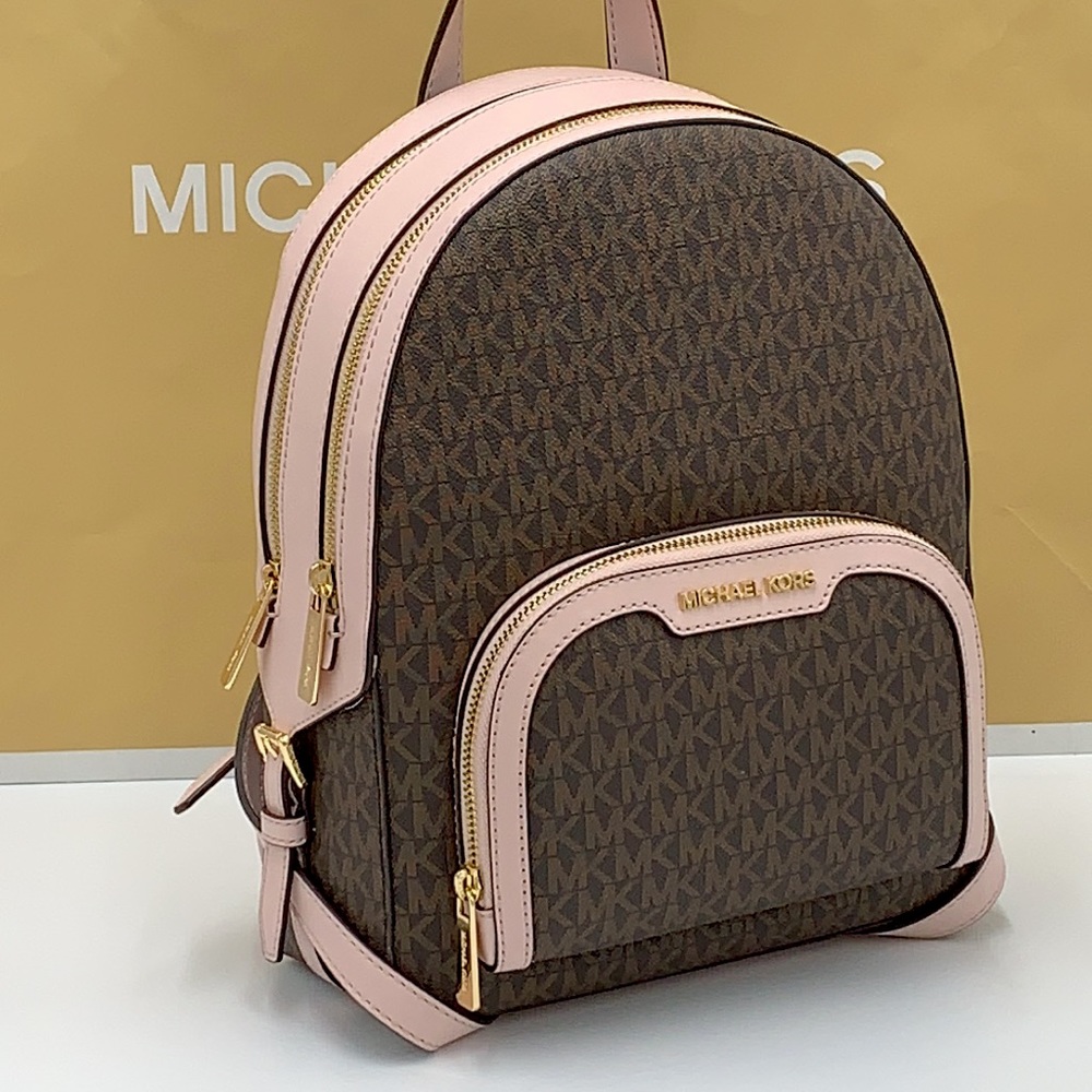 MICHAEL KORS JAYCEE MEDIUM ZIP POCKET BACKPACK BROWN /PINK SIGNATURE COL…